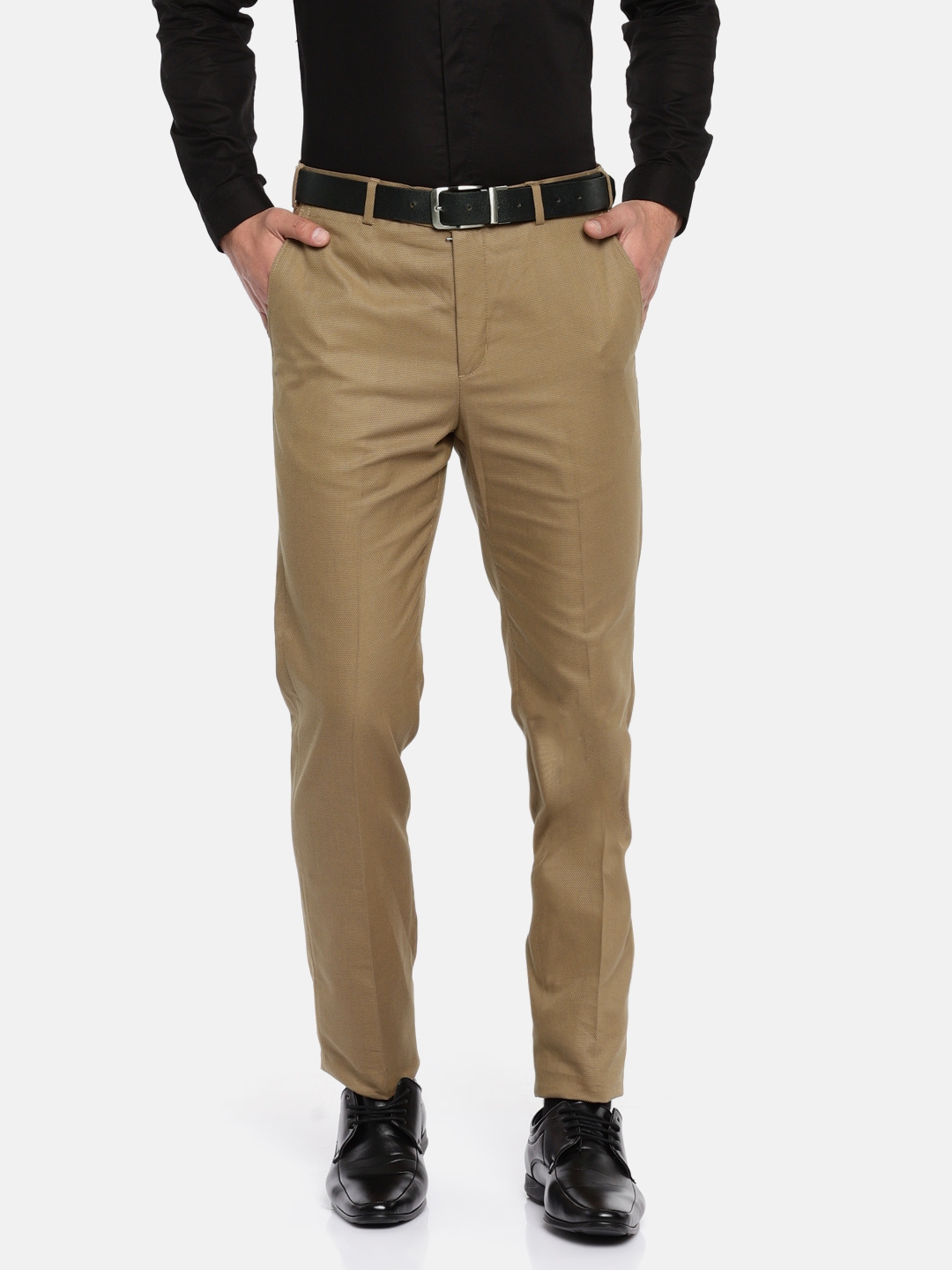 Buy ColorPlus Men Khaki Tailored Regular Fit Self Design Formal ...