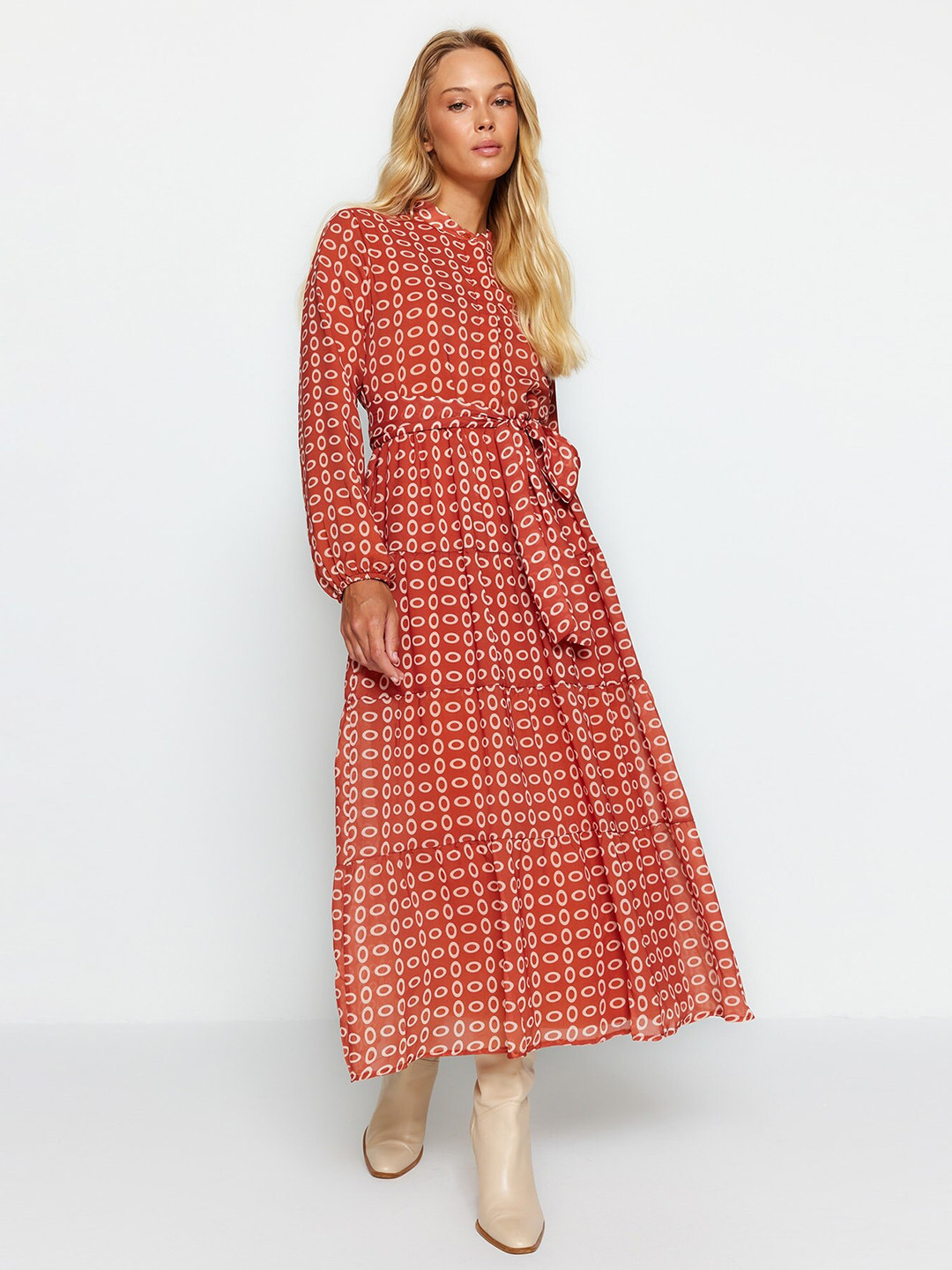 Women Blue Floral Printed Mandarin Collar Cotton Fit And Flare Dress