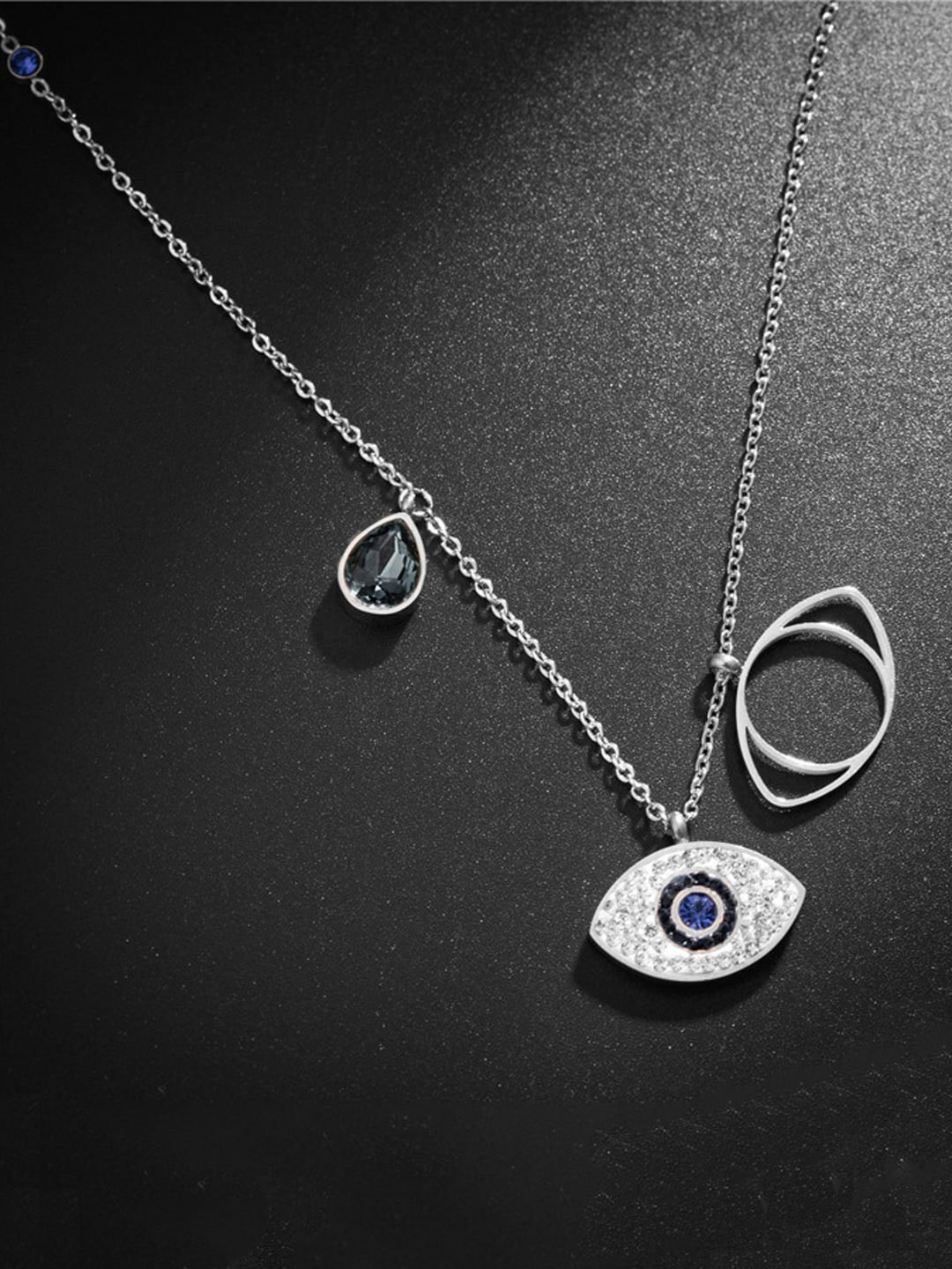 Evil Eye Pendant Necklace - .925 Sterling Silver With Simulated CZ Cluster, Clear Cubic Zirconia Charm - View #5