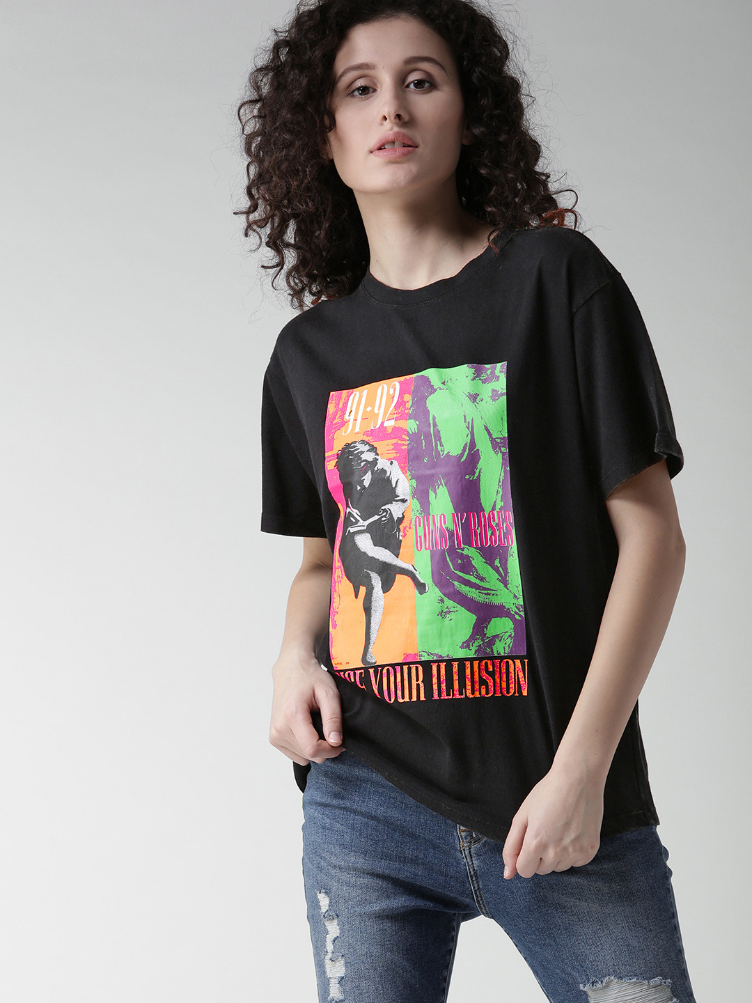 Buy FOREVER 21 Women Black Printed Round Neck Pure Cotton T Shirt