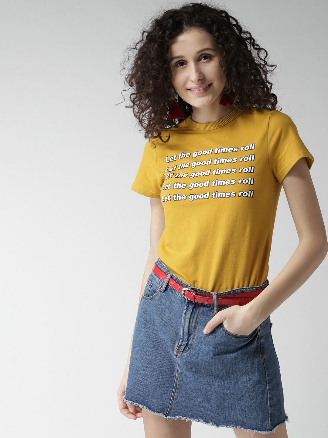 Buy FOREVER 21 Women Mustard Yellow Printed Round Neck T Shirt