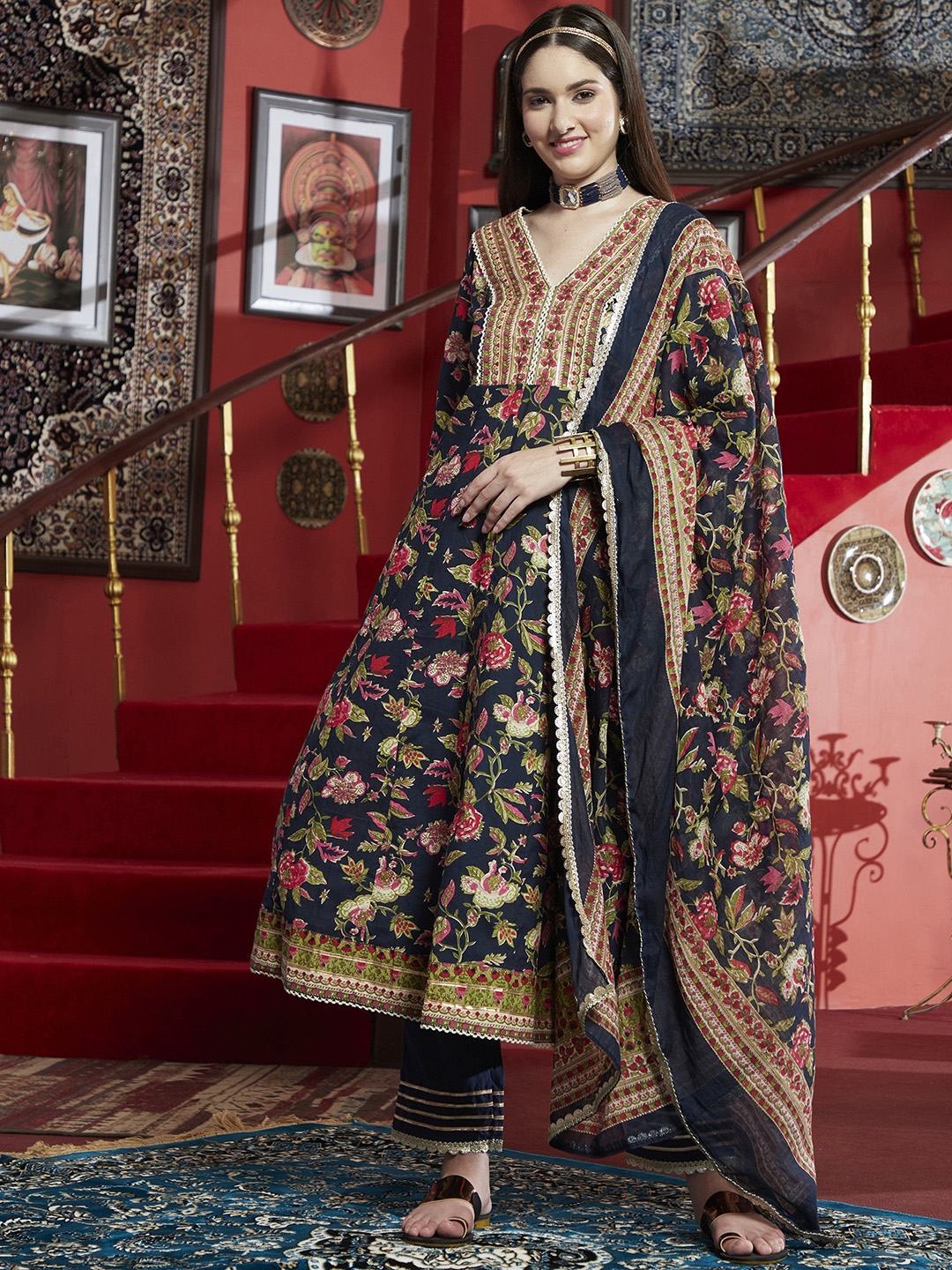 Buy Sangria Floral Printed A Line Sequinned Pure Cotton Kurta With ...