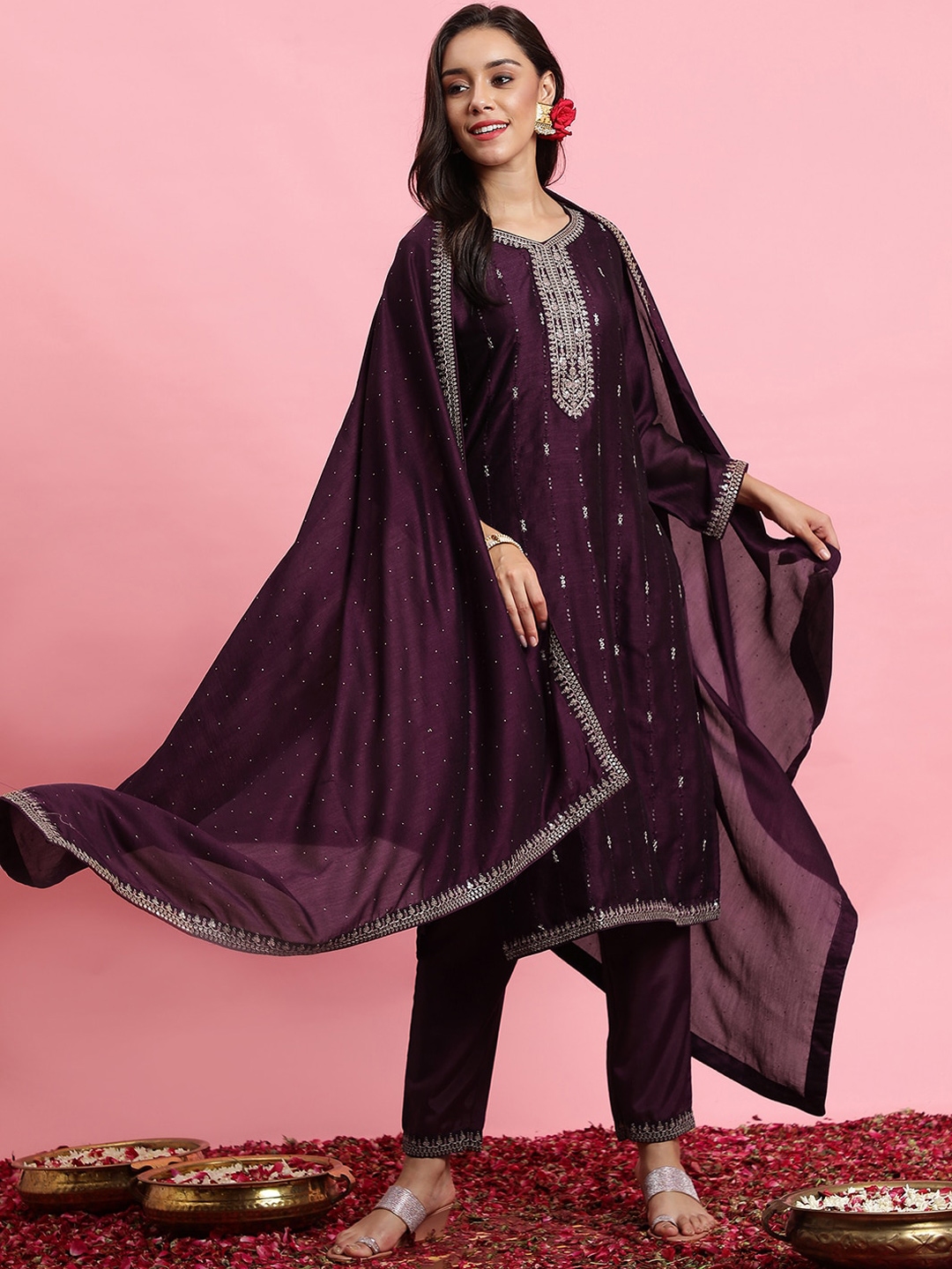 Buy Indo Era Floral Embroidered Sequinned Kurta And Trousers With Dupatta Kurta Sets For Women 9346