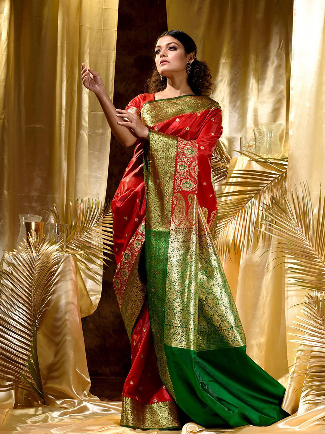 Brown Ethnic Motifs Zari Satin Banarasi Saree main image 1