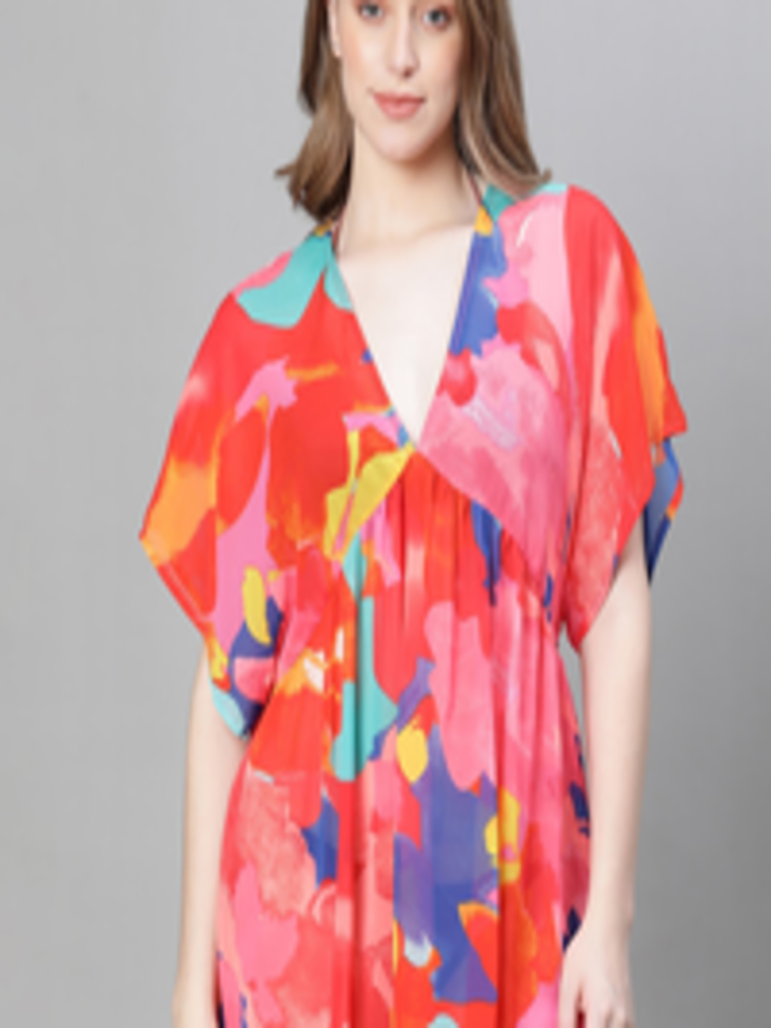Buy Oxolloxo Abstract Printed Georgette Kaftan Swimwear Cover Up Top ...