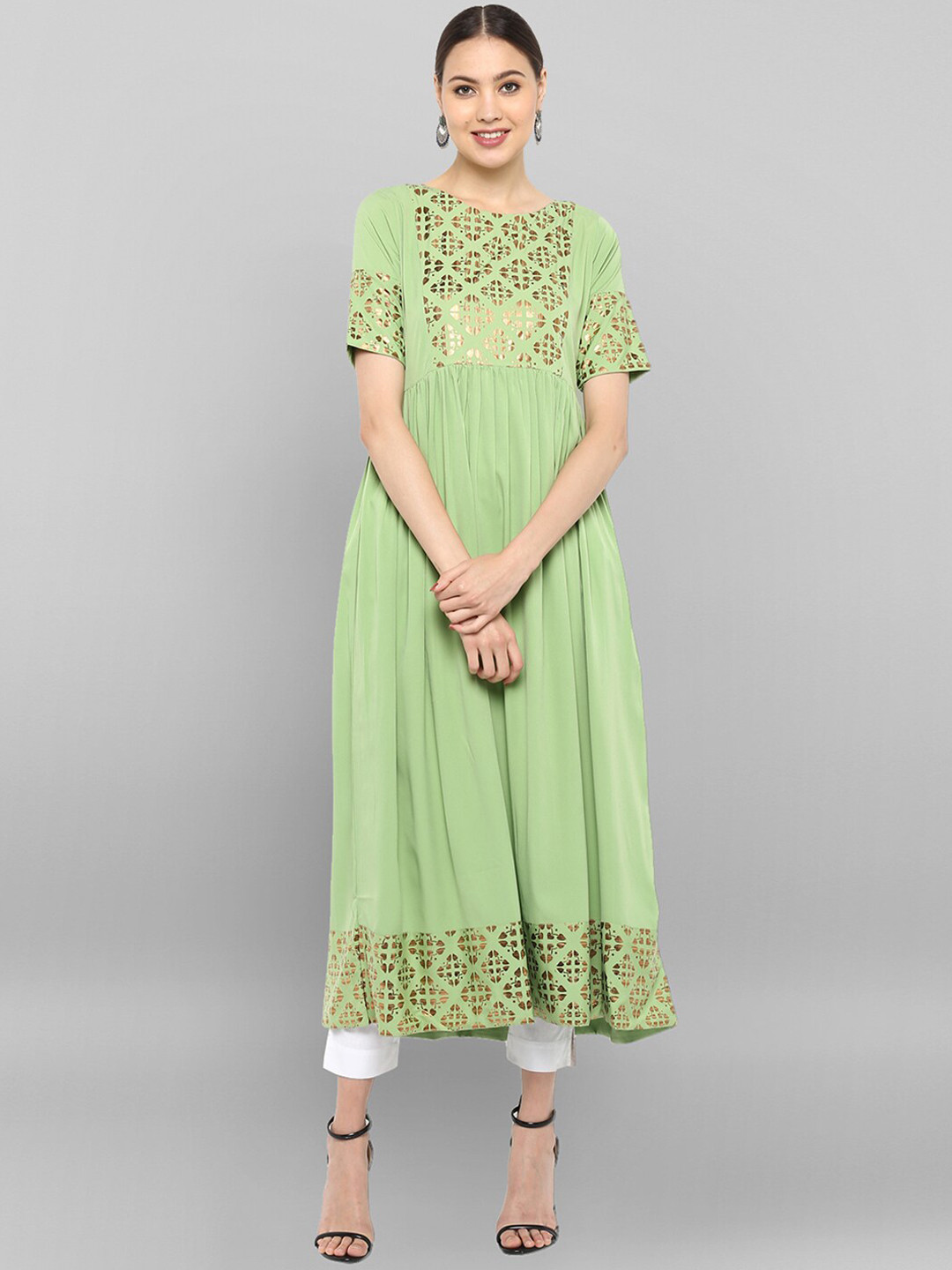 Janasya Dark Silk Blend Yoke Embroidery A-Line Kurta main image 1