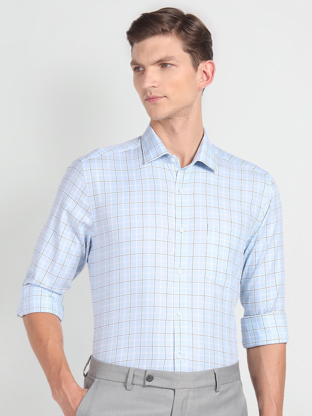 Buy Arrow Slim Fit Checked Spread Collar Pure Cotton Oxford Formal ...