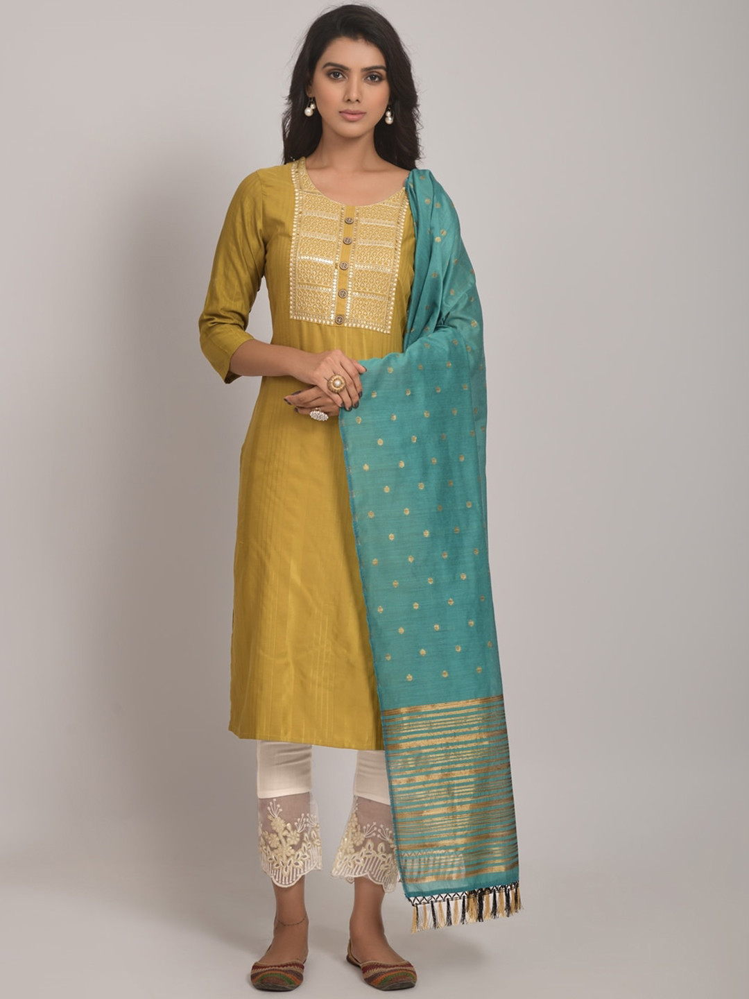 Women Offwhite Calf Length Three-Quarter Sleeves A-Line Ethnic Motifs Yoke Design Cotton Kurta