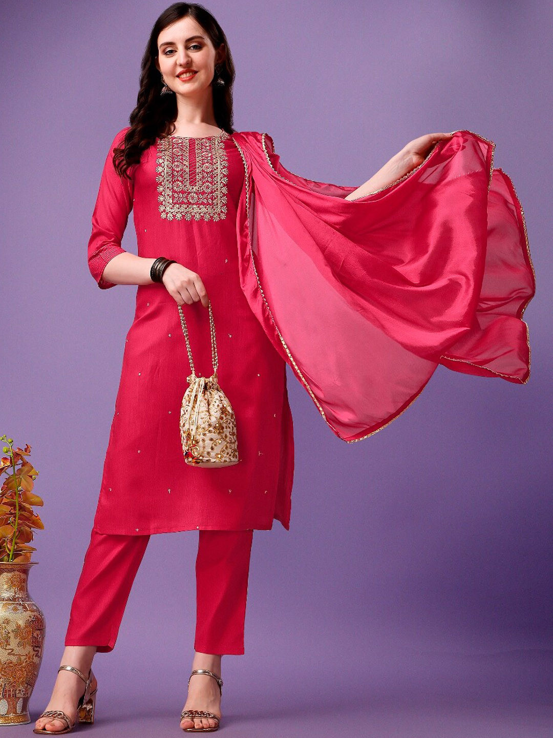 Women Ethnic Motifs Yoke Design Straight Kurta with Trousers & With Dupatta