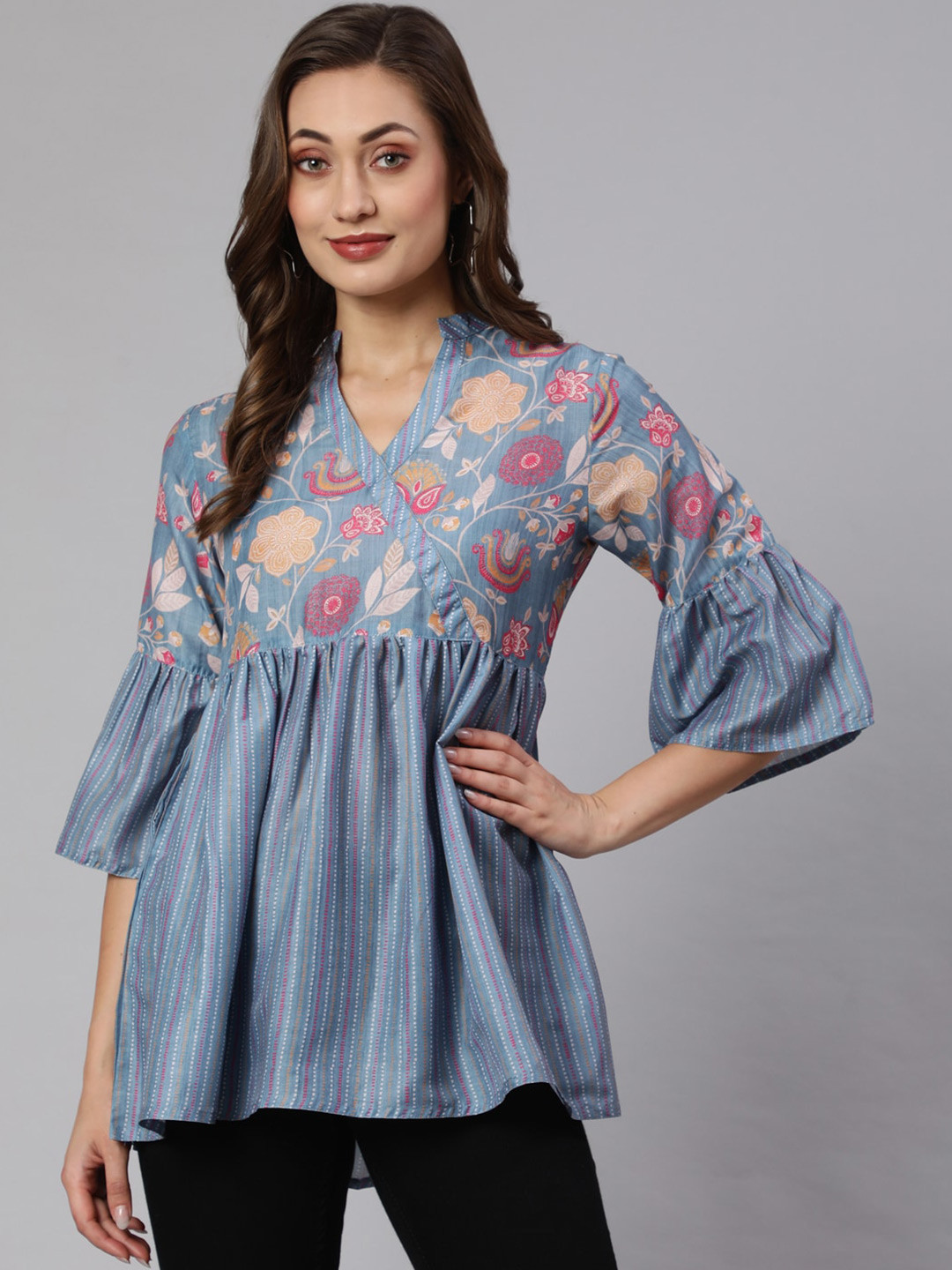 Black Geometric Print Mandarin Collar Bell Sleeve Top