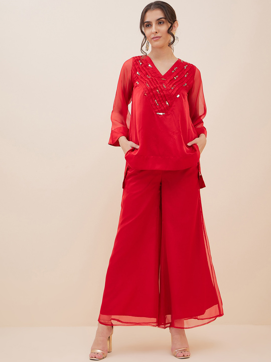 Antheaa Embellished and Printed Round Neck Three Fourth Sleeve Tunic With Trouser Co-Ords