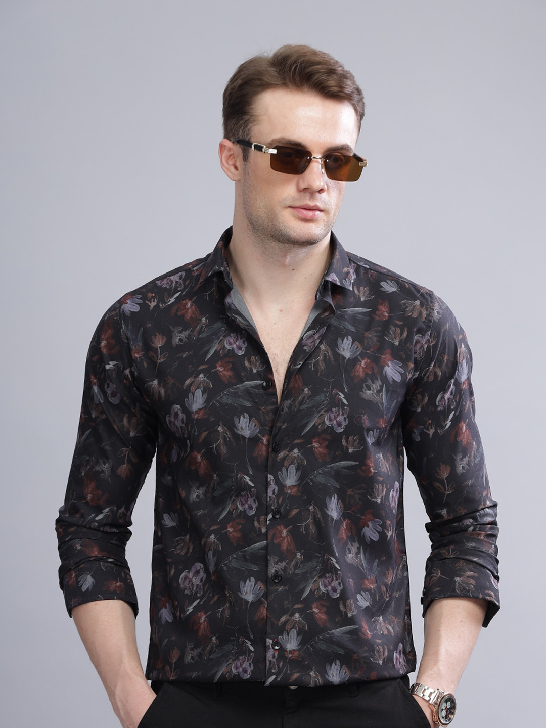 Buy PAUL STREET Men Black Standard Slim Fit Floral Opaque Printed Party