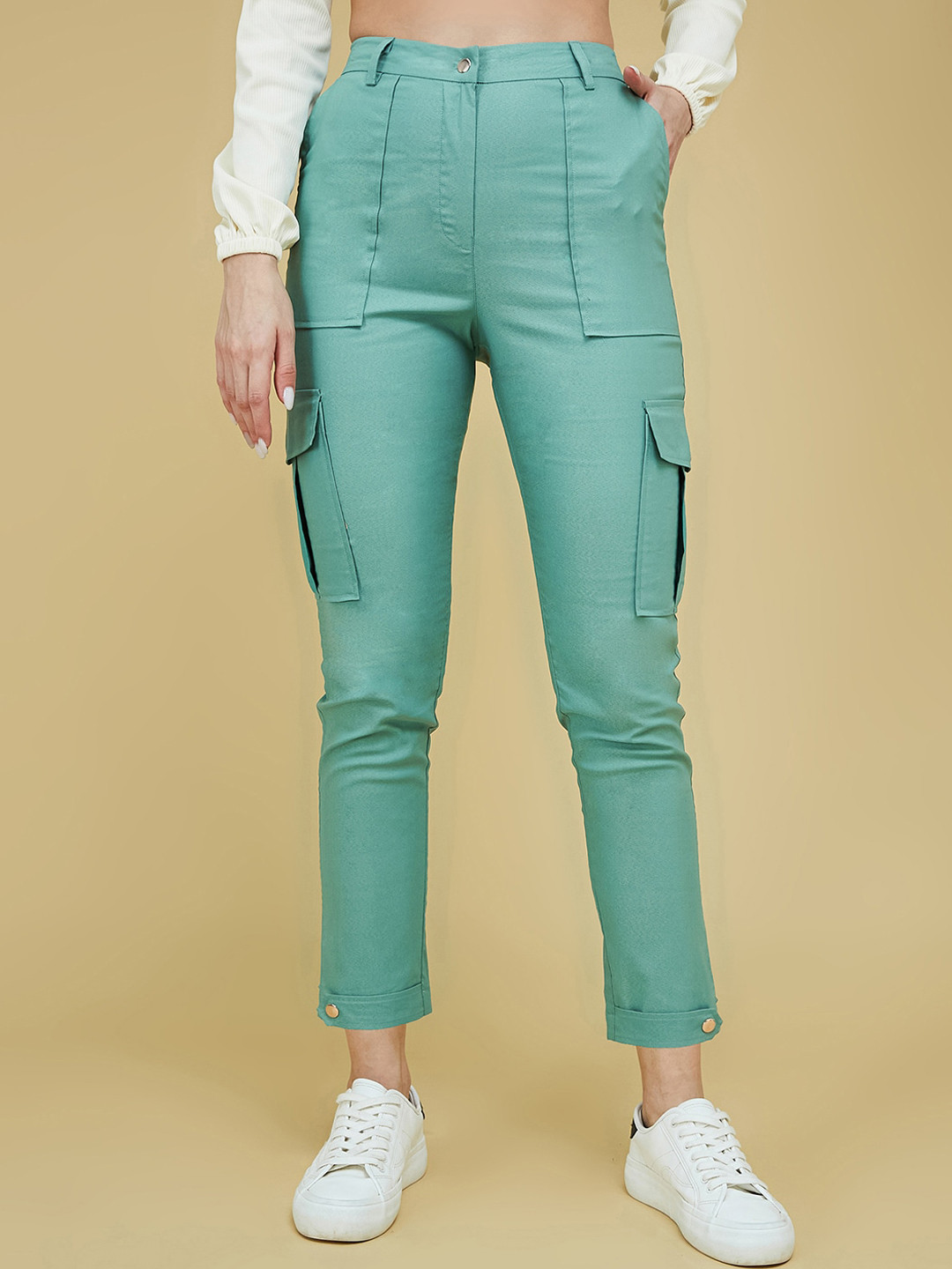 Buy DressBerry Women Turquoise Blue Loose Fit High Rise Cargos Trousers