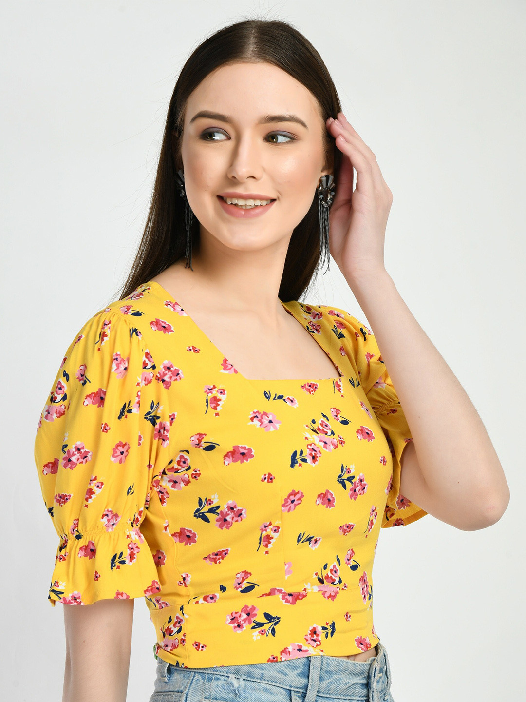 [Available] Girls Yellow Floral Printed Crop Top with Navy Blue Skirt Set