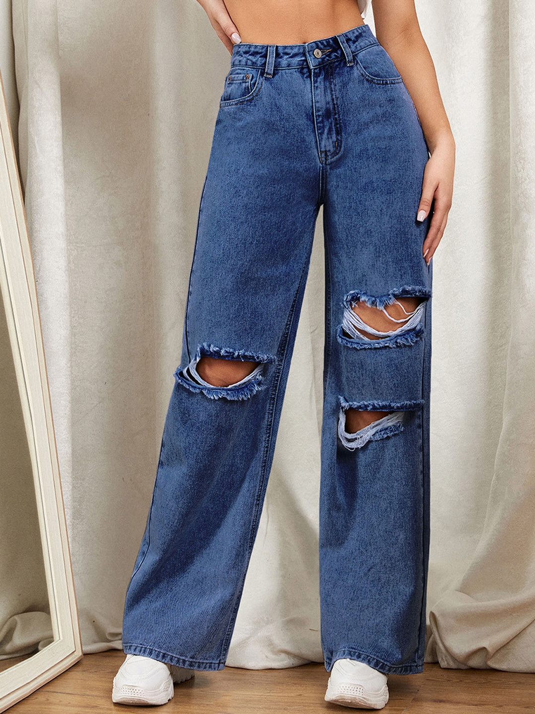 Buy AAHWAN Women Wide Leg High Rise Mildly Distressed Light Fade ...
