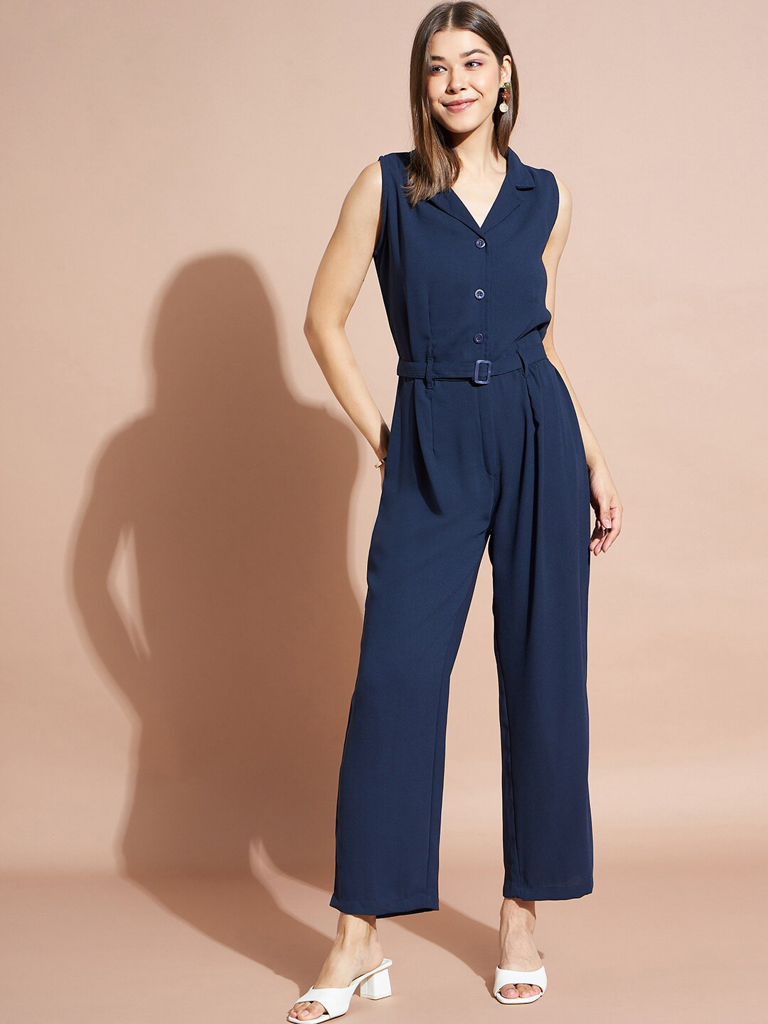 16171 Beige Shirt Collar Belt Jumpsuit main image 1