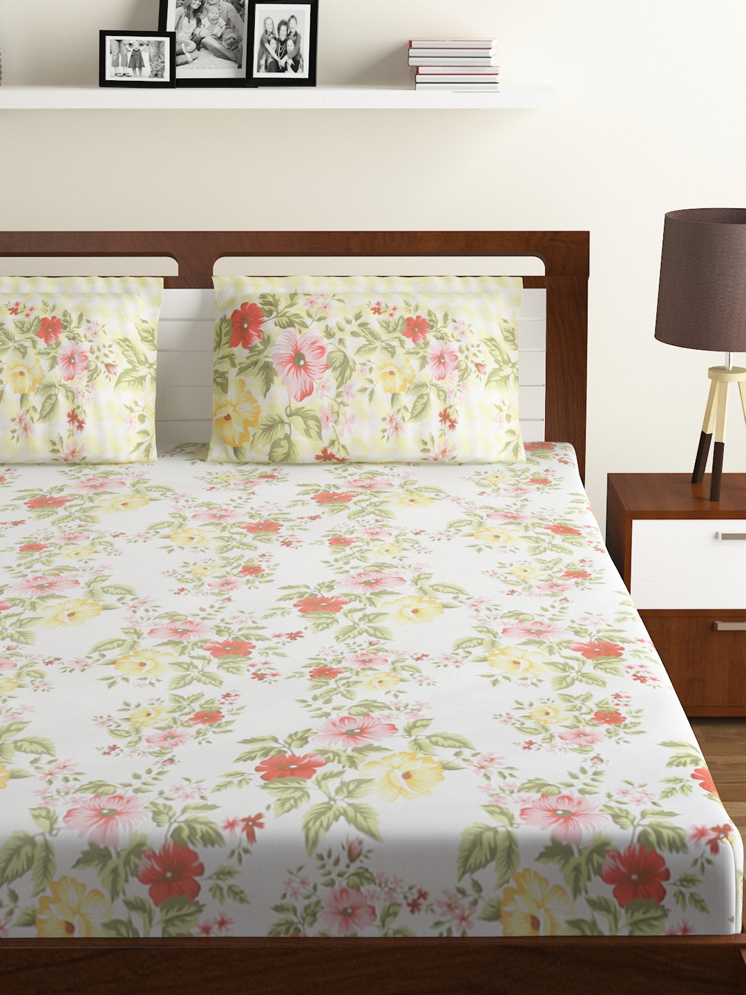 Buy BOMBAY DYEING Yellow & White Floral Flat 104 TC Cotton 1 King Bedsheet With 2 Pillow Covers