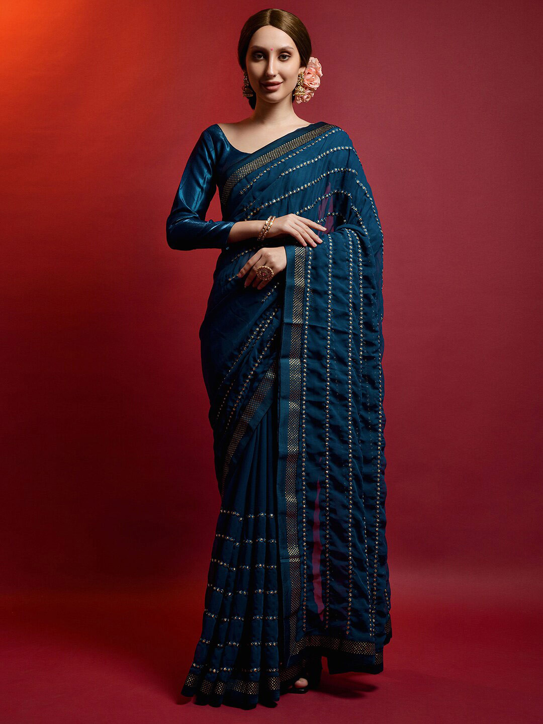 Moonlit Grace Dark Teal Georgette Saree - Rent