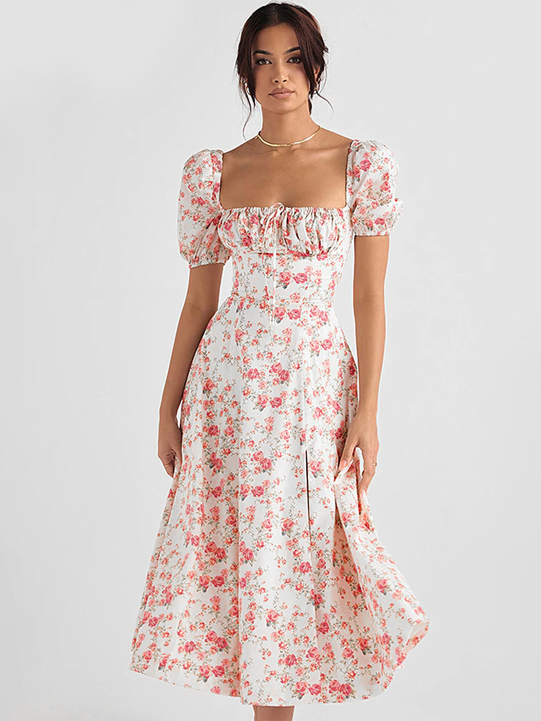 FLORAL-PRINT PUFF SLEEVE MIDI DRESS IN CLEAR SKY