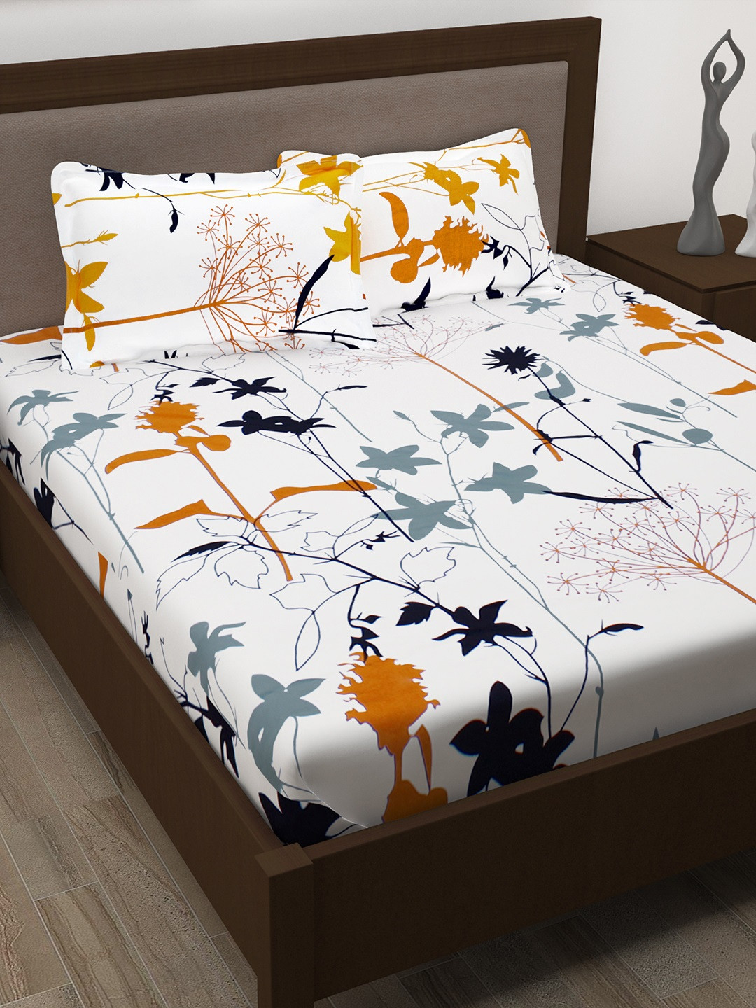 Buy Storyhome White Multicoloured 186TC Double Bedsheet With 2 Pillow