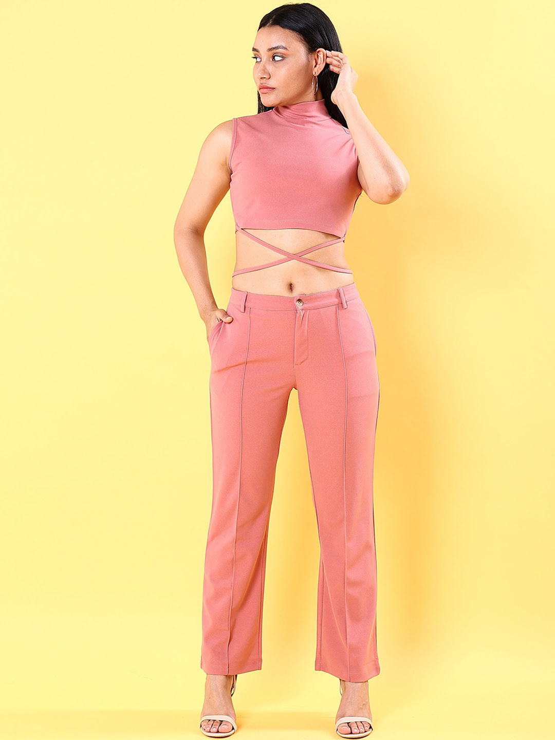 Buy Freehand Peach Coloured High Neck Crop Top With Trousers Co Ords buy-freehand-peach-coloured-high-neck-crop-top-with-trousers-co-ords