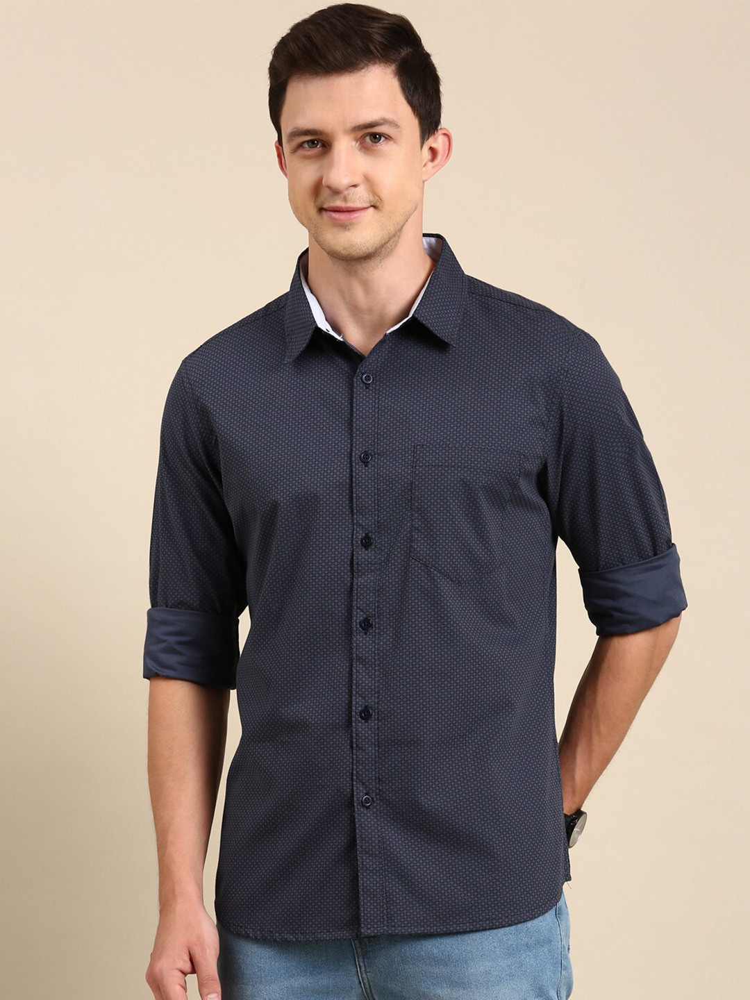 Men's White Standard Slim Fit Micro Ditsy Printed Spread Collar Twill Weave Cotton Shirt