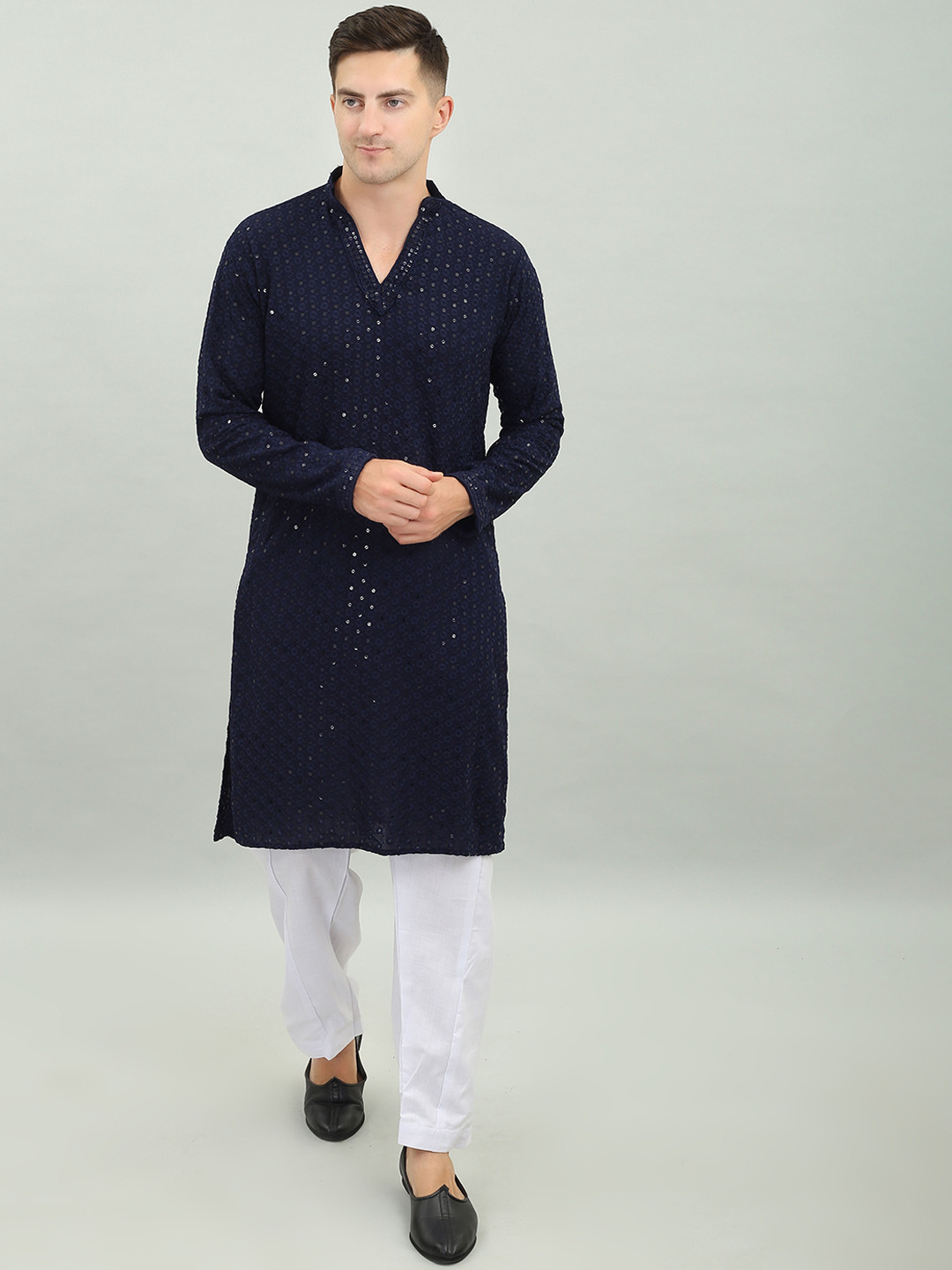 Buy Benstoke Floral Embroidered Mandarin Collar Chikankari Regular