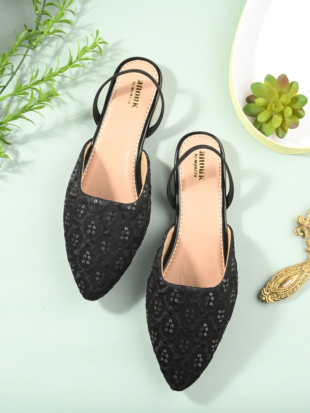 Buy Anouk Black Ethnic Embroidered Mules With Backstrap Flats for