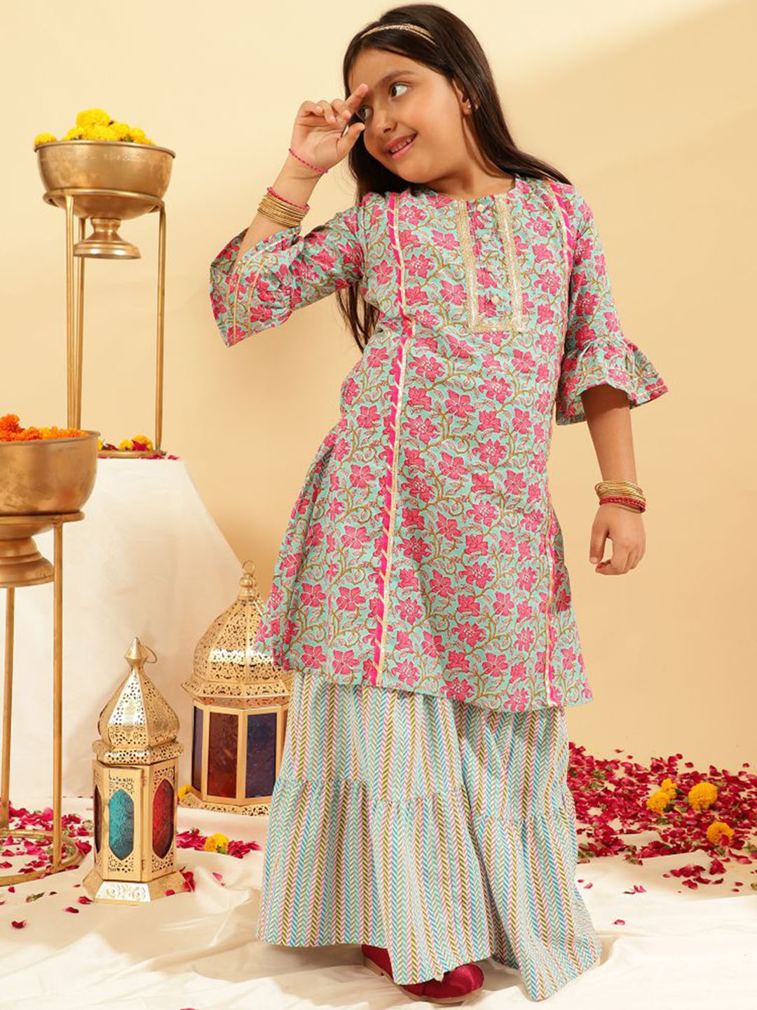 Girls Floral Printed Regular Gotta Patti Kurta With Sharara & With Dupatta
