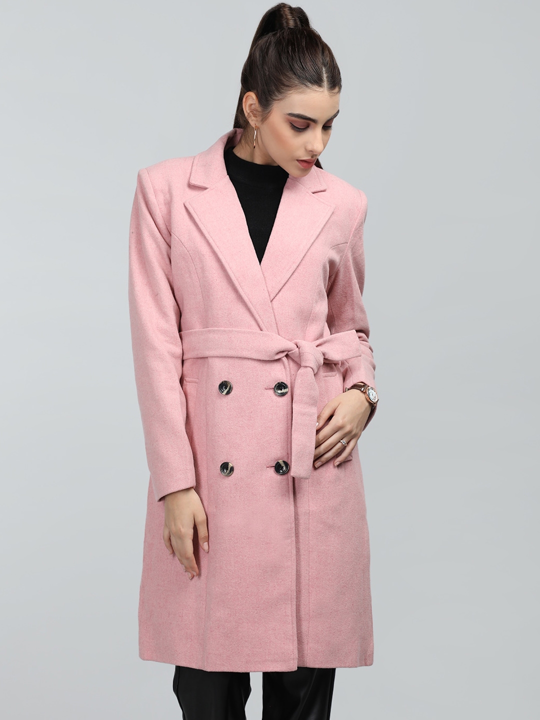 Buy LEBORK Double Breasted Notched Lapel Collar Woolen Trench Coat ...