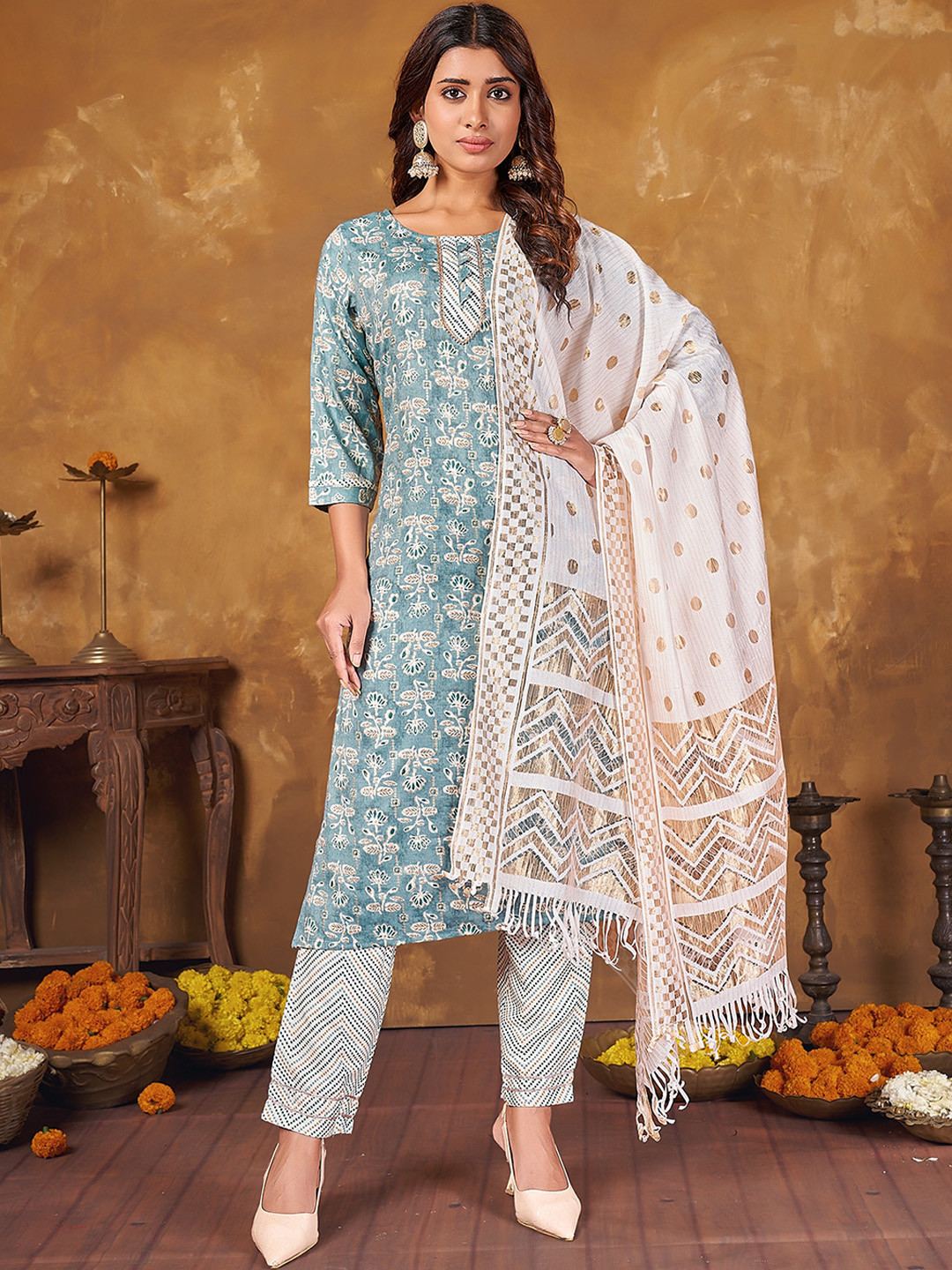 ANUBHUTEE Women's Cotton Printed Kurta Set With Palazzos & Dupatta - Ethnic Motifs, Pink, Medium - View #13