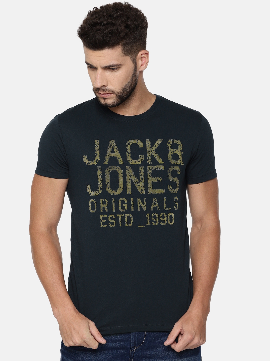 Buy Jack & Jones Men Navy Blue Printed Round Neck T Shirt - Tshirts for ...