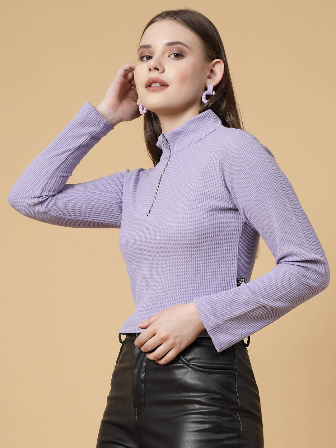 Buy Rigo Mock Collar Long Sleeves Cotton Top Tops for Women 25225004