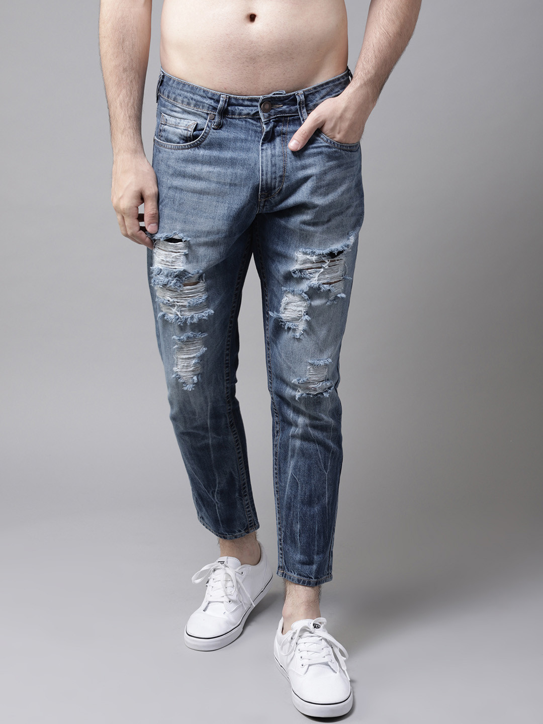 Buy HERE&NOW Men Blue Slim Tapered Fit Mid Rise Cropped Mildly