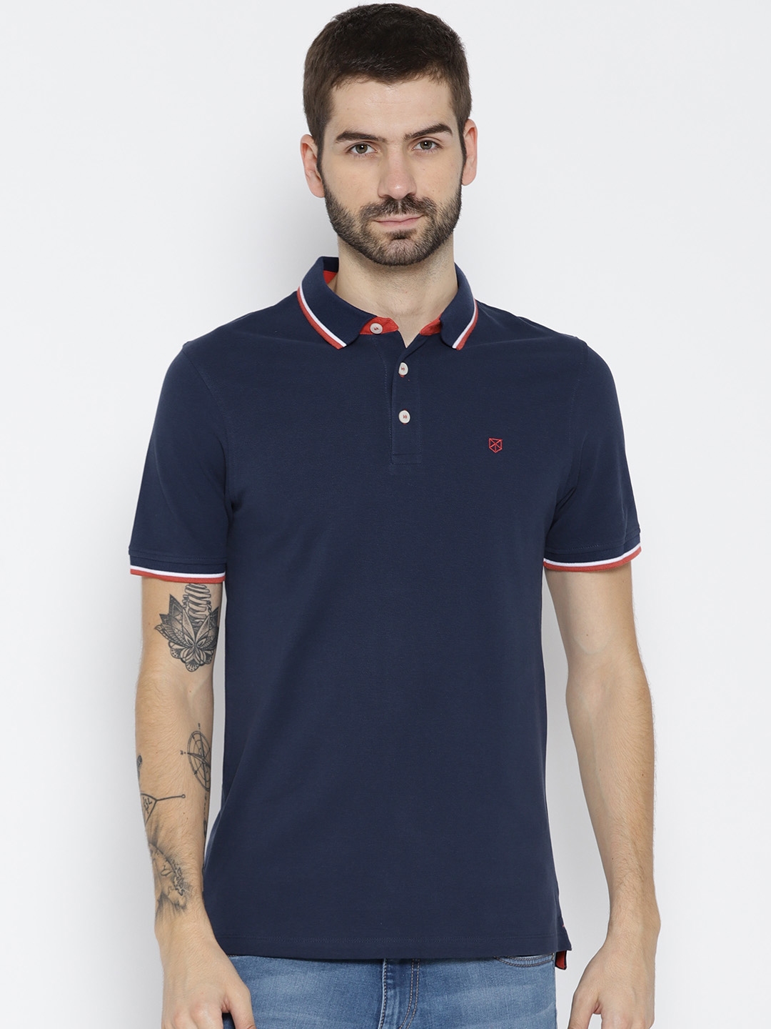 Buy Jack & Jones Men Navy Blue Solid Polo Collar T Shirt - Tshirts for ...