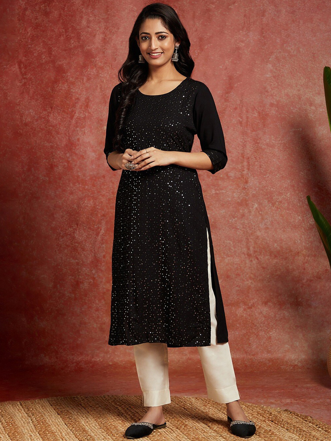 Women's Geometric Ethnic Black Straight Kurta Set
