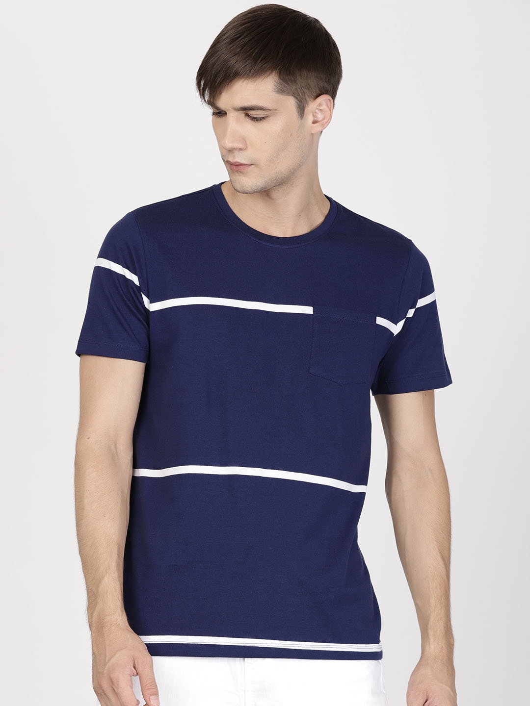 blue pent white shirt