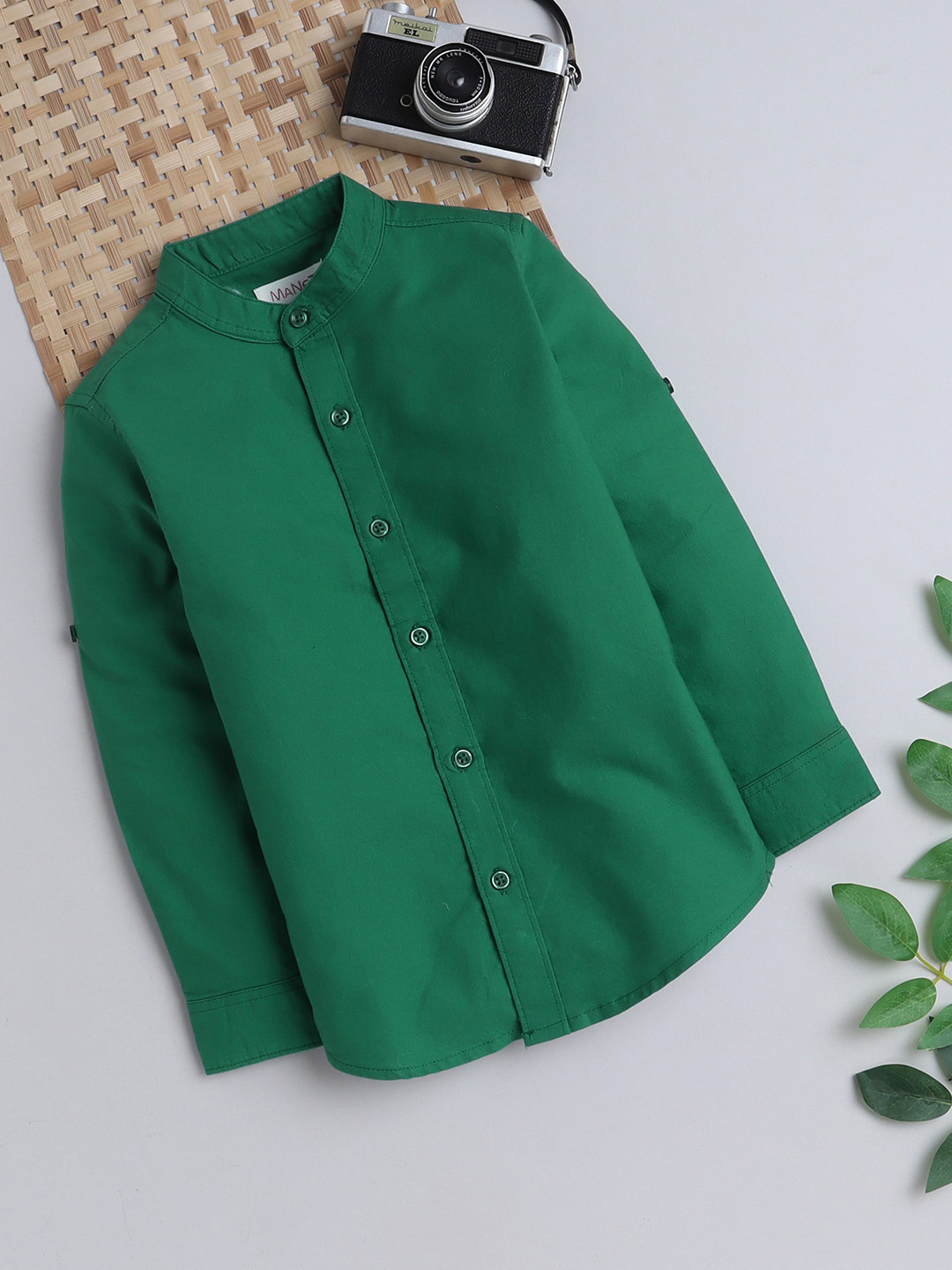 Boys Mandarin Collar Sleeve Tab Shirt Shine Grey main image 1