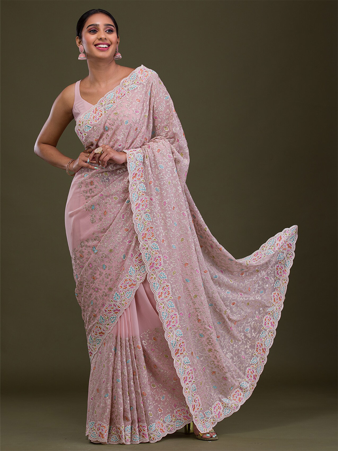 Pastel Net Reham Embroidered Floral Saree with Sequinned Border & Belt main image 1