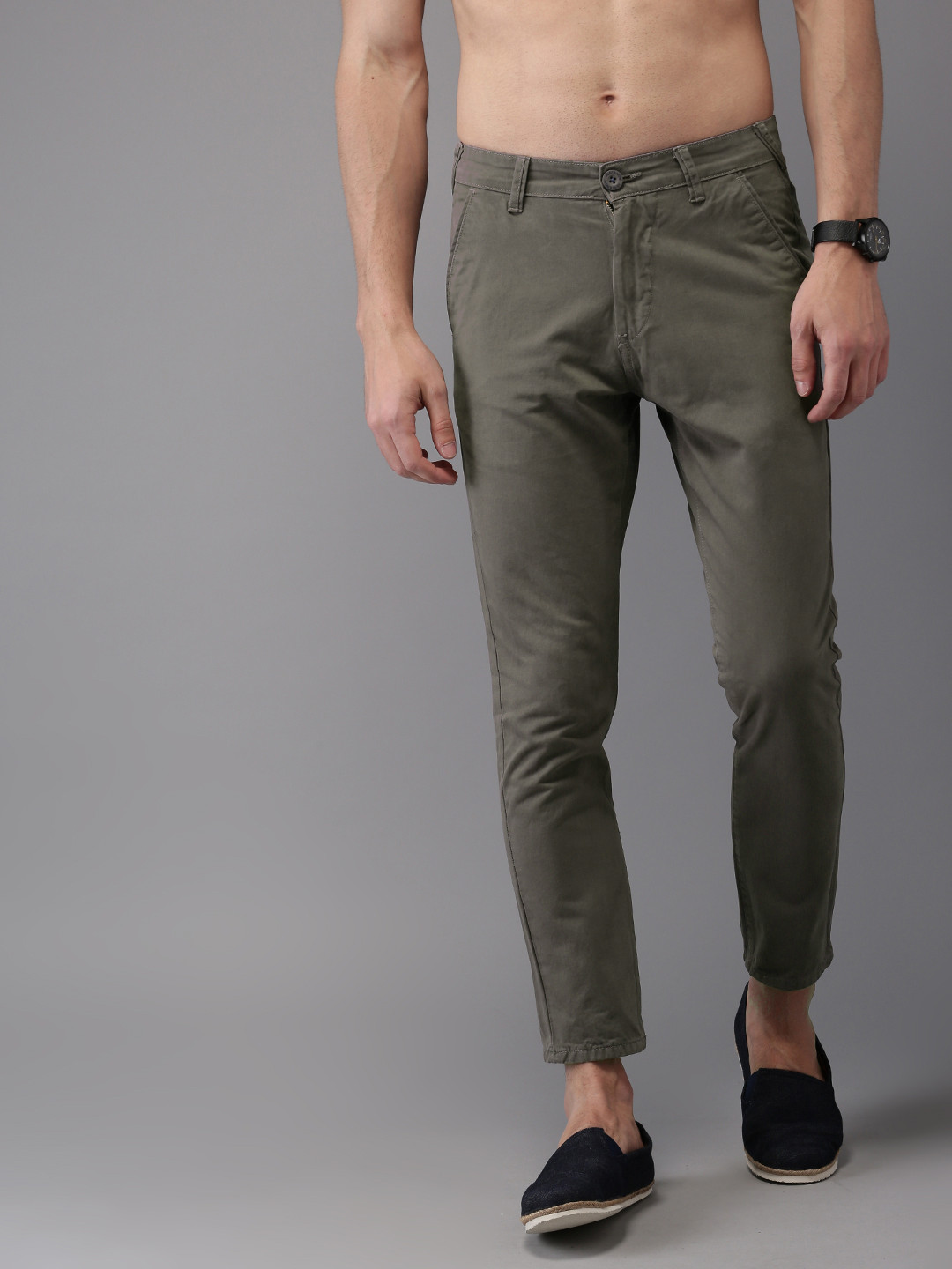 Buy HERE&NOW Men Grey Slim Fit Solid Cropped Chinos - Trousers for Men ...