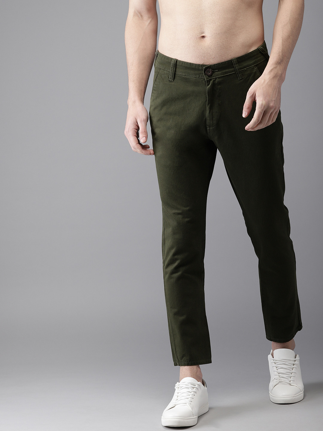 Buy HERE&NOW Men Green Slim Fit Solid Cropped Chinos - Trousers for Men ...