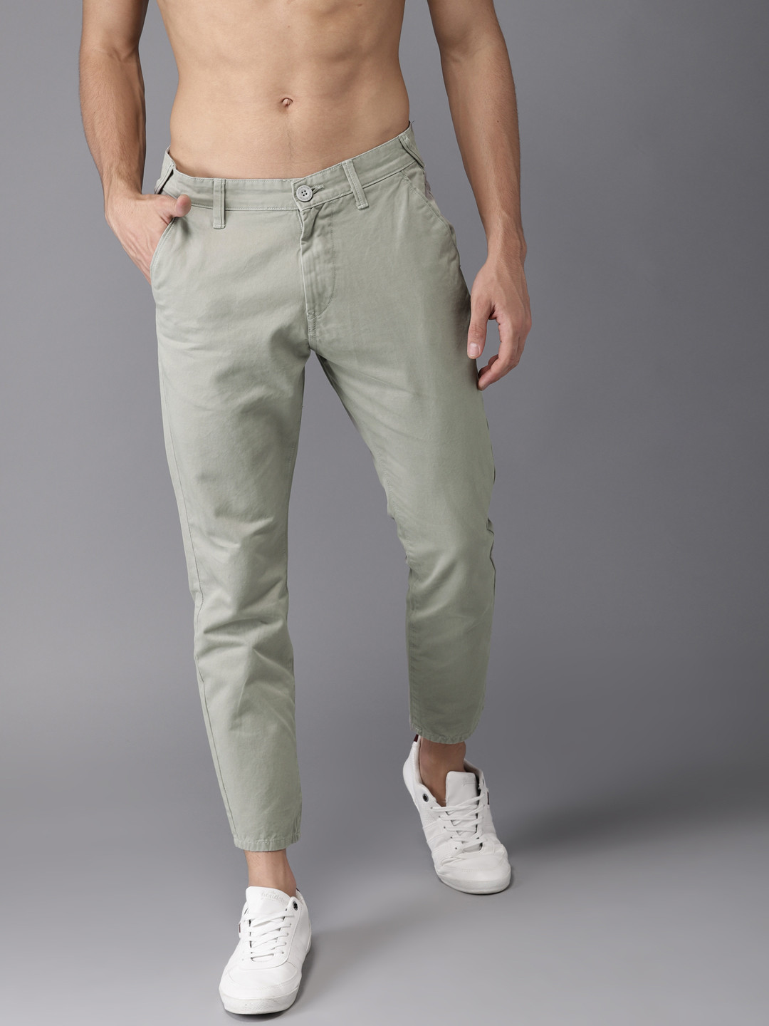 Buy HERE&NOW Men Grey Slim Fit Solid Cropped Chinos - Trousers for Men ...
