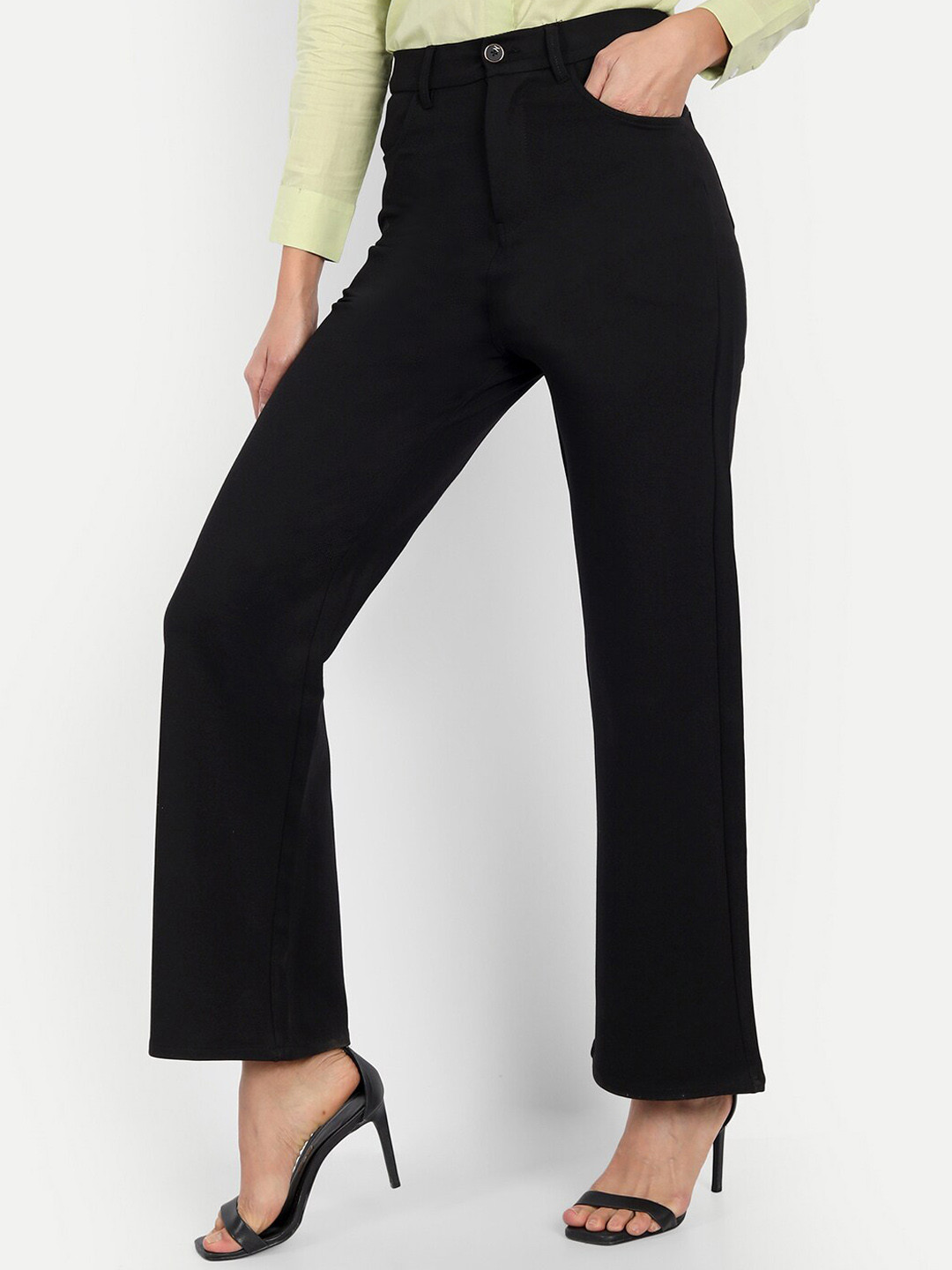 Women'S Blue Smart Loose Fit High Rise Denim Cropped Parallel Trousers