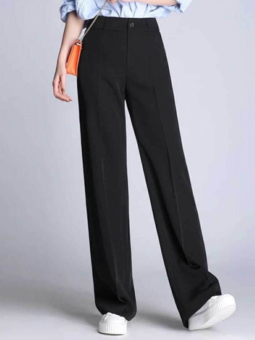 Women Black Front Pleated Comfort Fit Korean Pants
