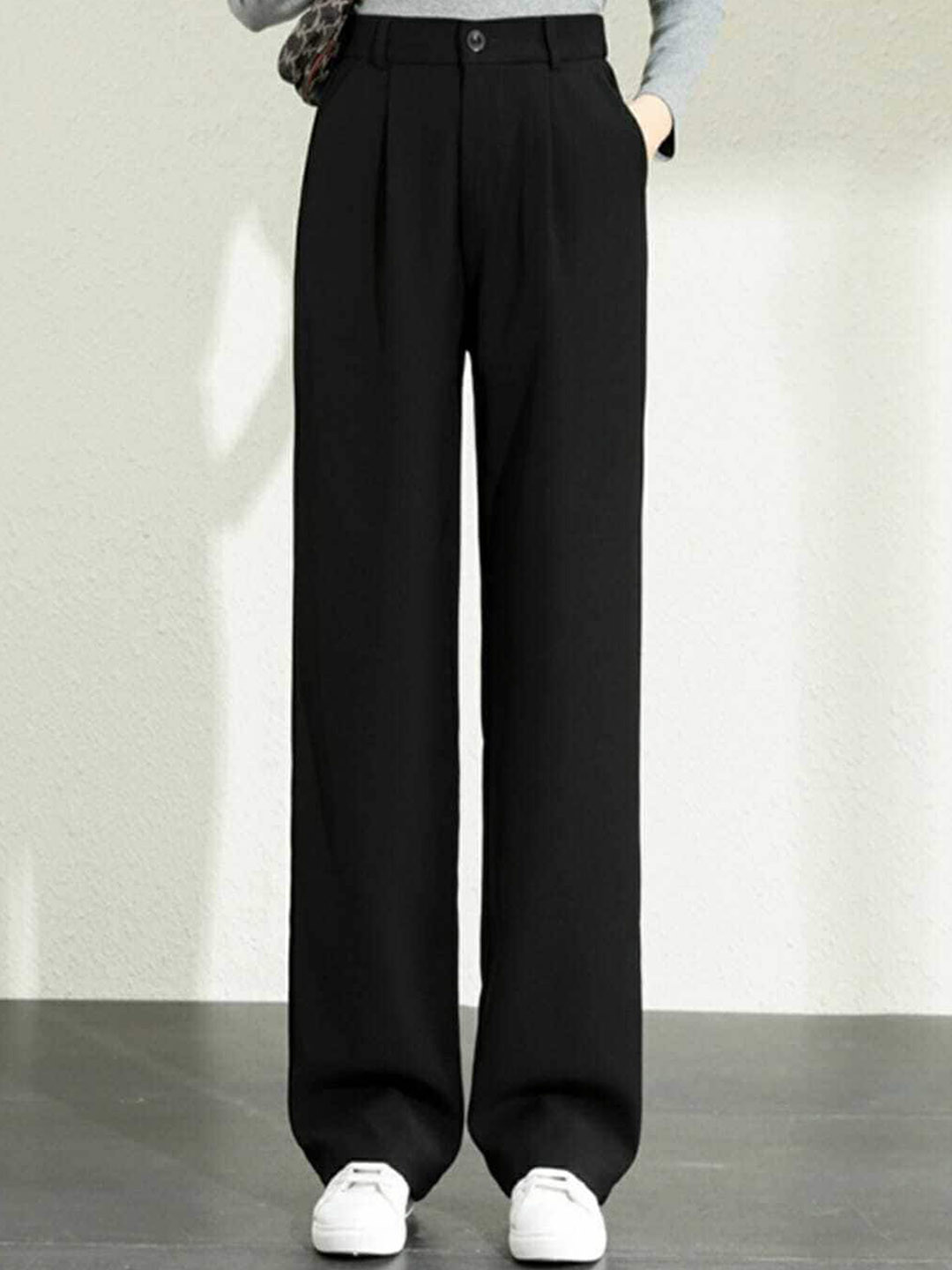 Women Red Korean Pleated Loose Fit Pants
