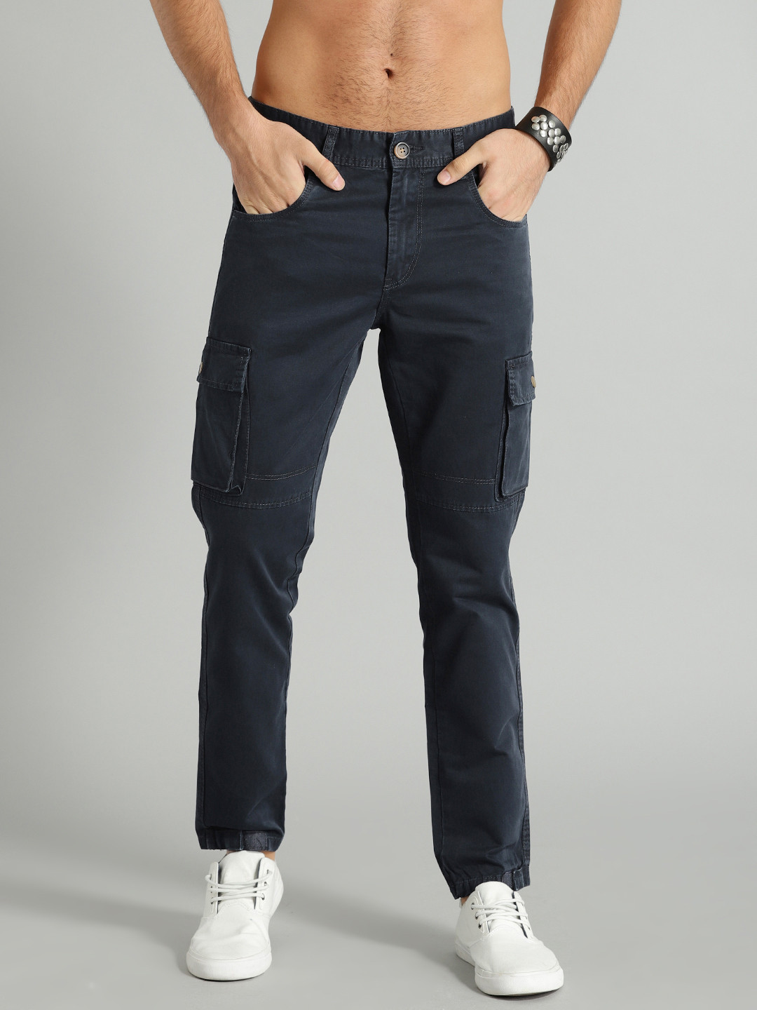 Buy Roadster Men Navy Blue Slim Fit Solid Regular Trousers - Trousers ...