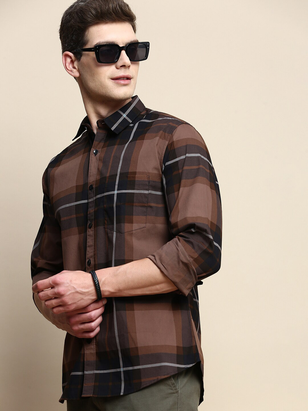 Men's Maroon Standard Slim Fit Tartan Checked Spread Collar Twill Weave Cotton Shirt
