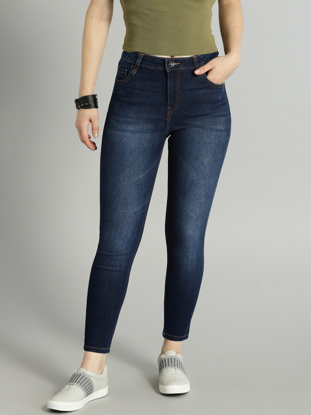 Buy Roadster Women Navy Blue Skinny Fit Mid Rise Clean Look Stretchable