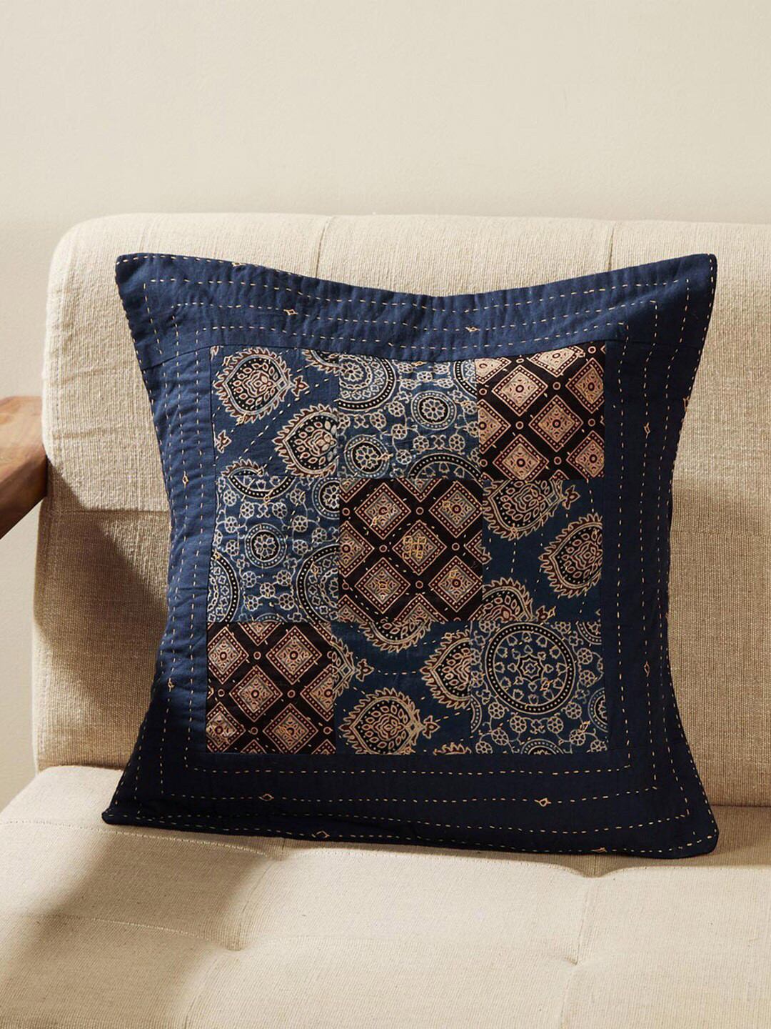 Buy Fabindia Blue & White Ethnic Motifs Cotton Square Cushion Cover