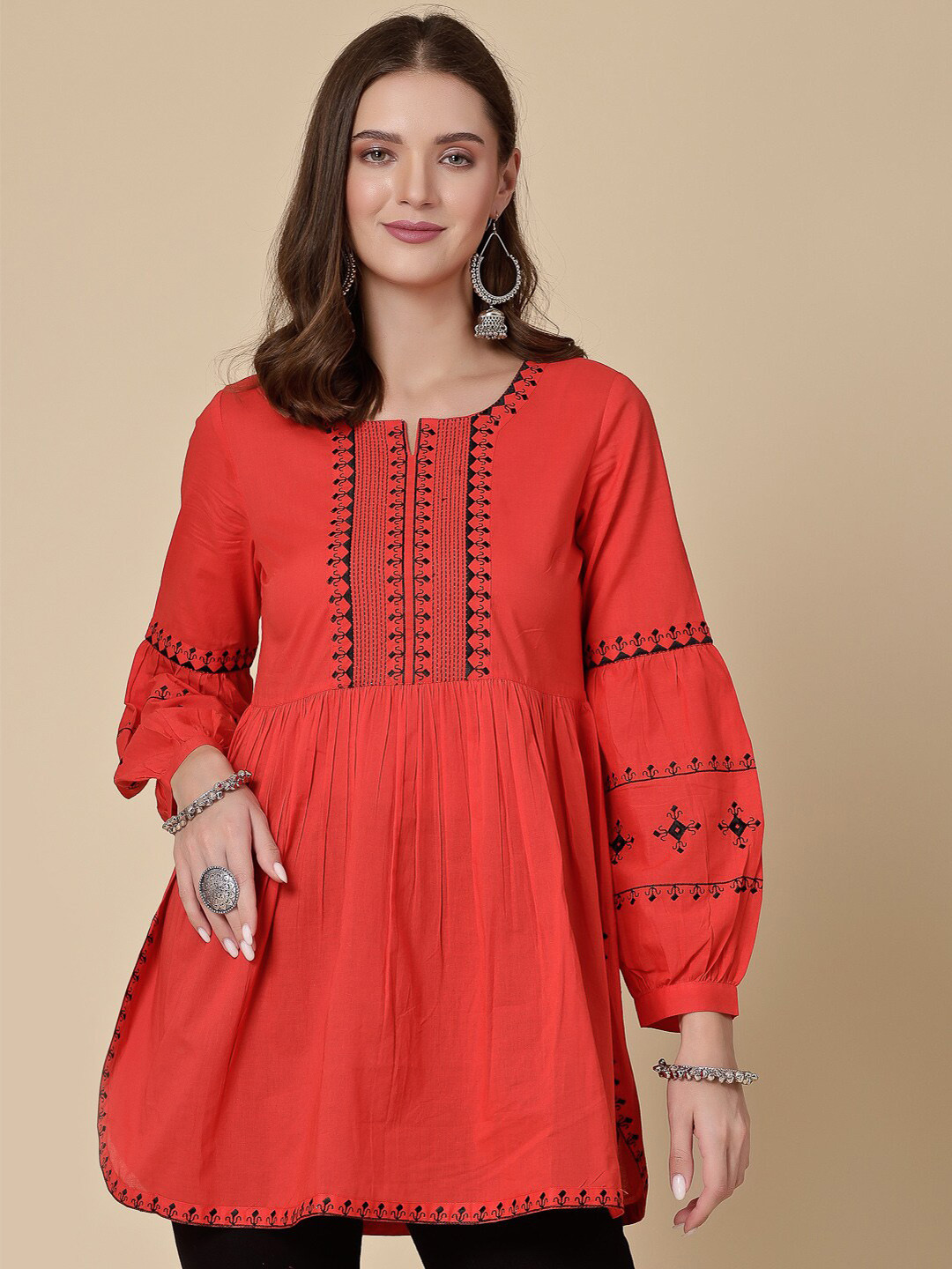 Buy Sangria Red Ethnic Motifs Embroidered Puff Sleeves A Line Kurti